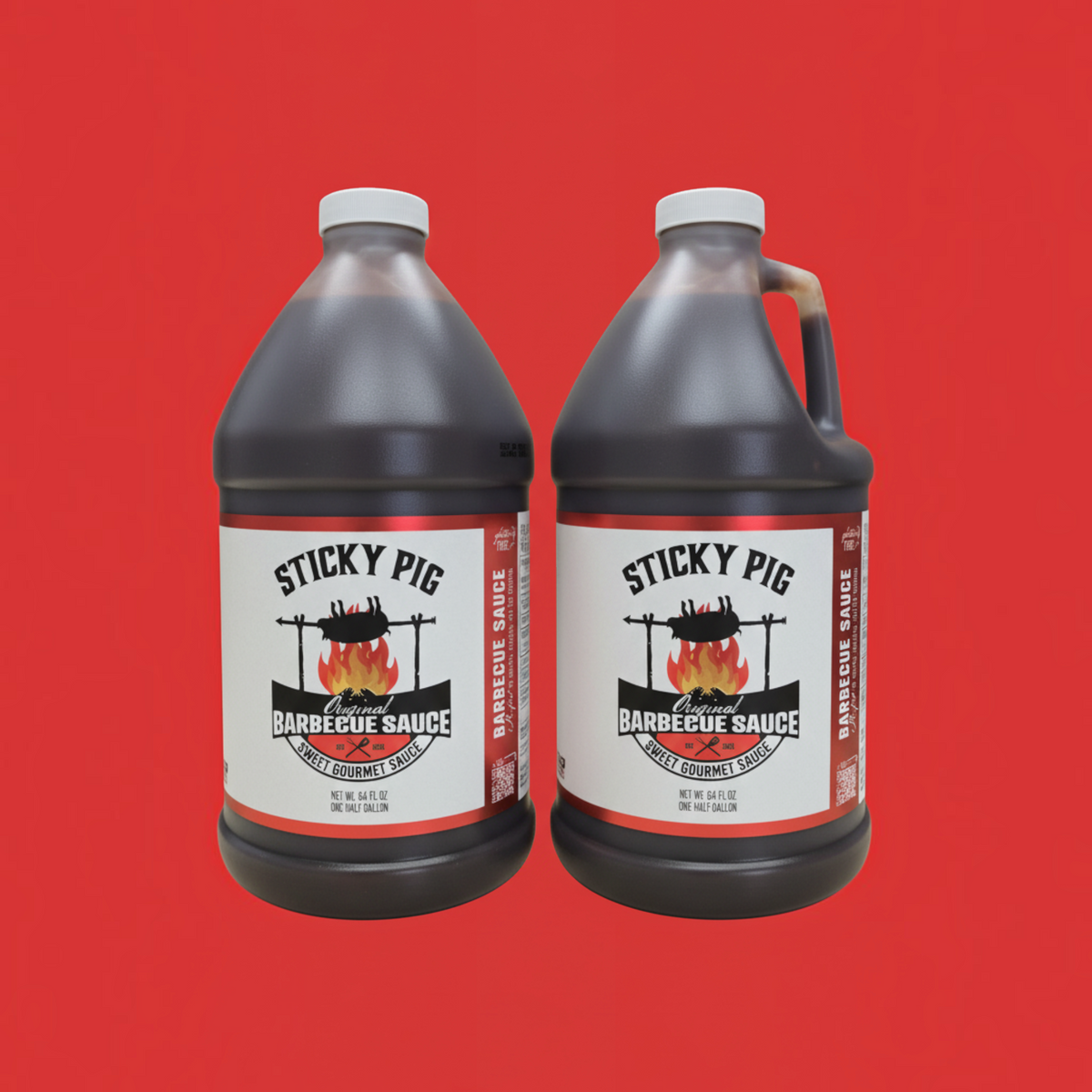 Two half-gallon jugs of Sticky Pig BBQ Original sweet gourmet barbecue sauce against a solid red background.