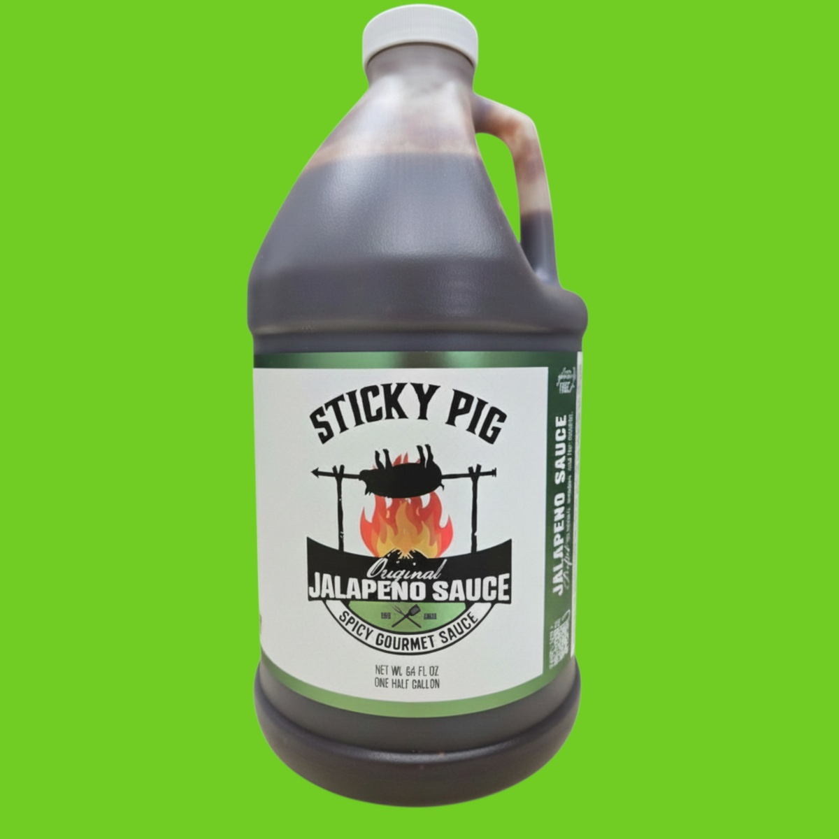 Sticky Pig BBQ Jalapeno Sauce in a large 64 oz plastic jug with a label featuring a pig over a campfire graphic.