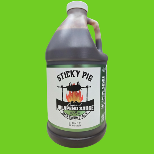 Sticky Pig BBQ Jalapeno Sauce in a large 64 oz plastic jug with a label featuring a pig over a campfire graphic.