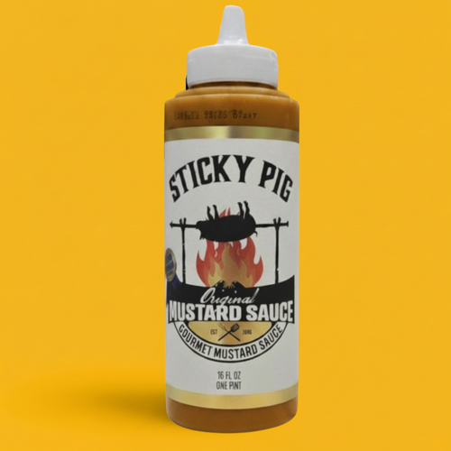 Sticky Pig BBQ Original Gourmet Mustard Sauce in a 16-ounce squeeze bottle against a bright yellow background.