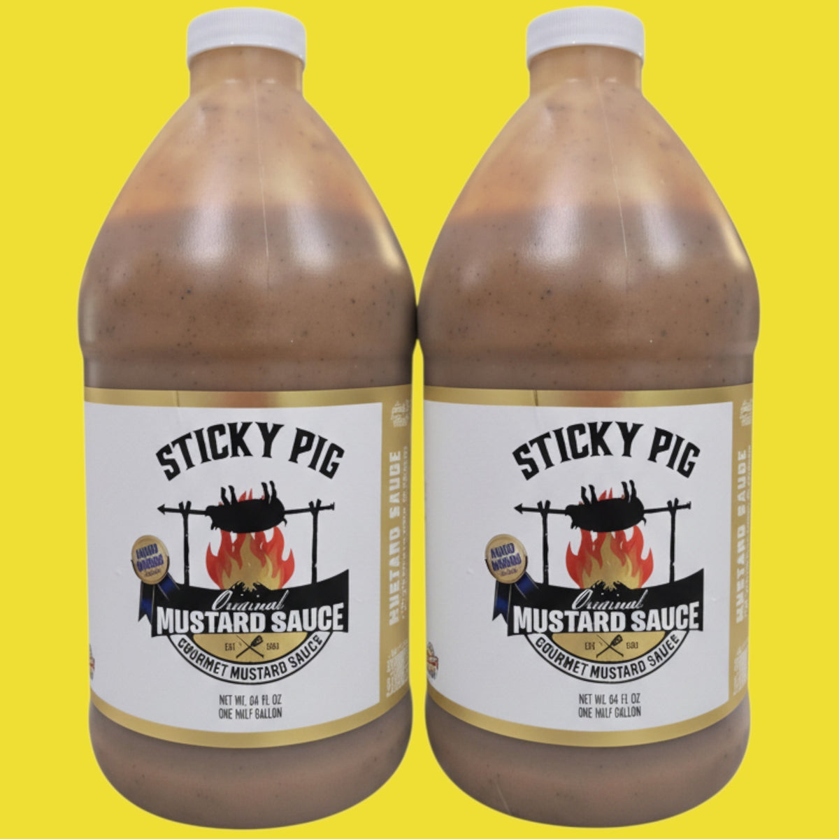 Two large gallon jugs of Sticky Pig BBQ Original Mustard Sauce featuring a branded label with a pig roast graphic