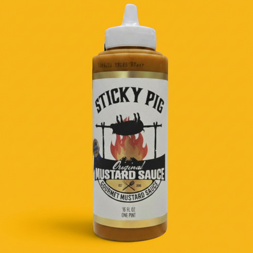 Sticky Pig BBQ Original Gourmet Mustard Sauce in a 16-ounce squeeze bottle against a bright yellow background.