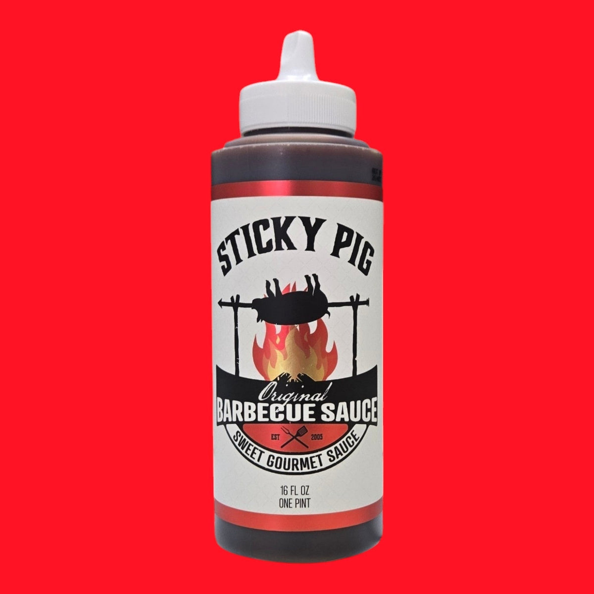 Sticky Pig BBQ Original sweet gourmet barbecue sauce in a convenient squeeze bottle with a white cap